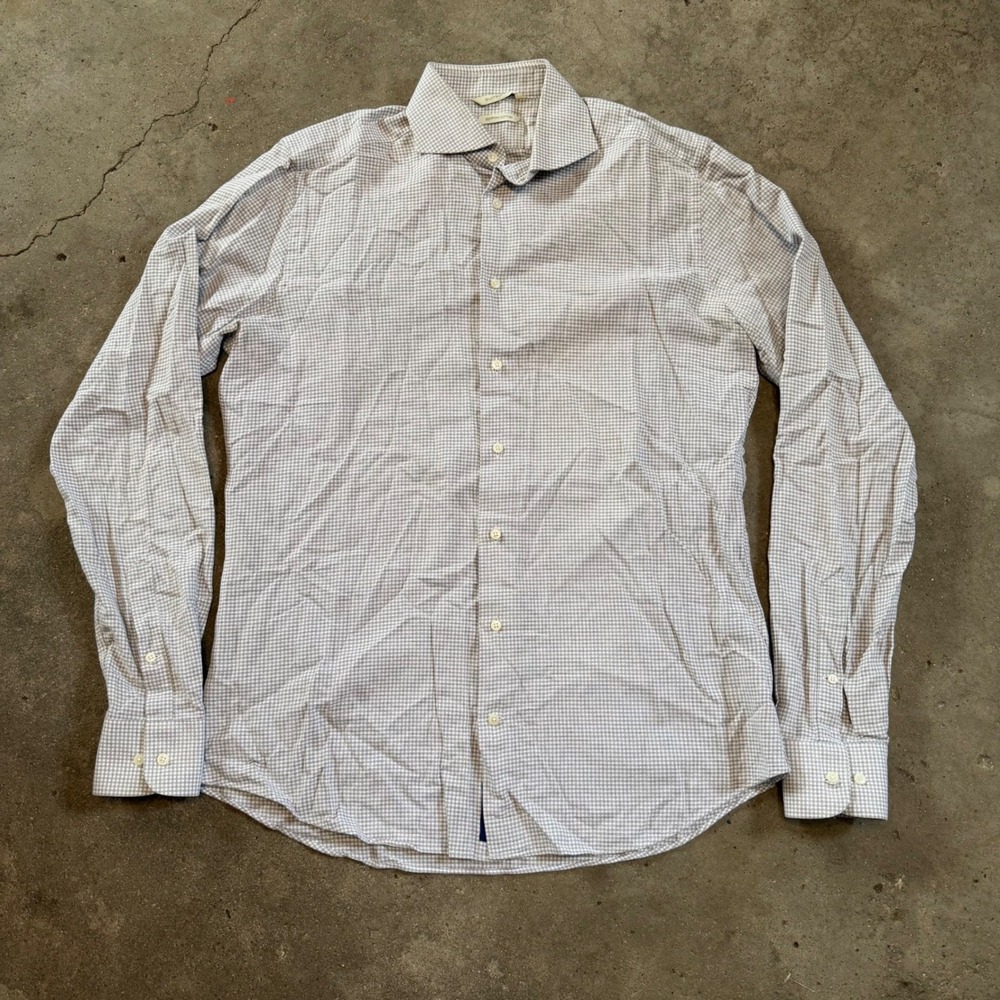 Suitsupply Button Down Shirt Mens 16L Brown White Check Egyptian Cotton Slim Fit